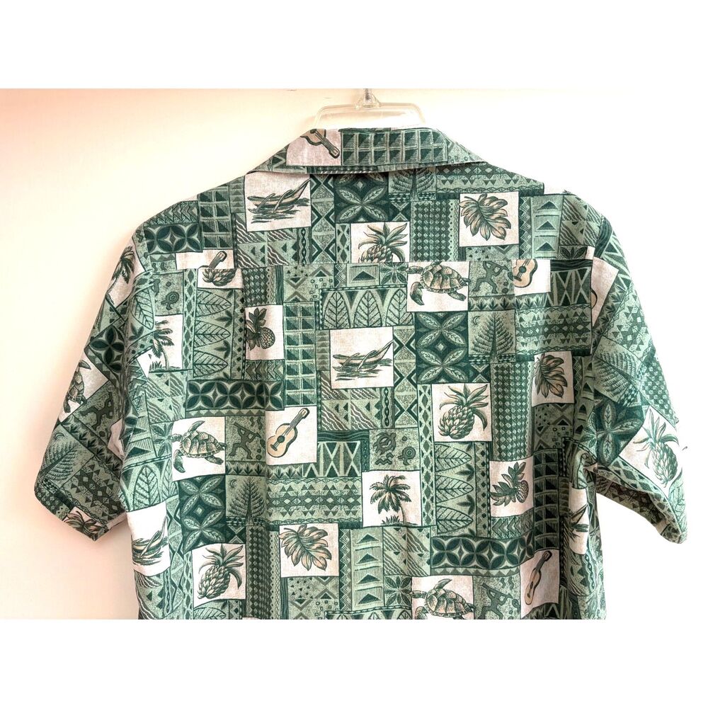 Islands Cotton Hawaiian Shirt Aloha Button Sage Green Patchwork S Vtg Retro Palm - Picture 7 of 7